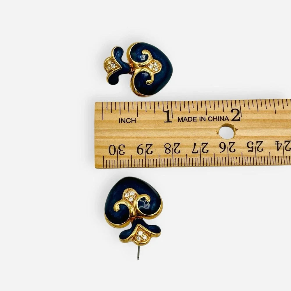 Vintage Swarovski Heart Clip Earrings Crystal Swan Navy‎ Blue Enamel Gold Dangle